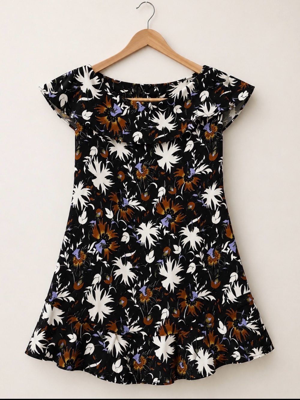 A.L.C. Black Strapless Floral A-Line Dress with White, Brown & Lavender Print